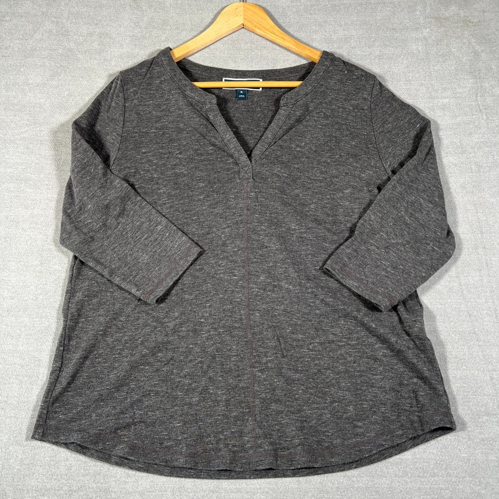 Karen Scott Sport Split Neck 3/4 Sleeve Pullover Top Womens XL Gray Cotton Blend